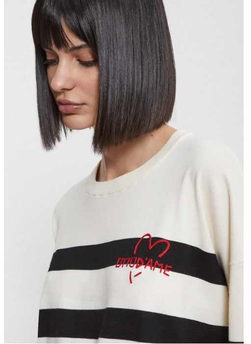 Striped viscose sweater with embroidery stitch effect