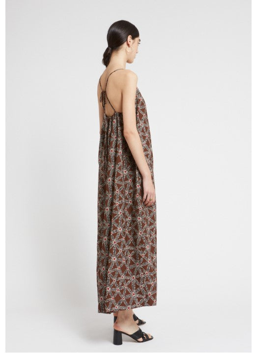 Cotton long dress with"micro sea orchid"print,and thin straps to tie at the back