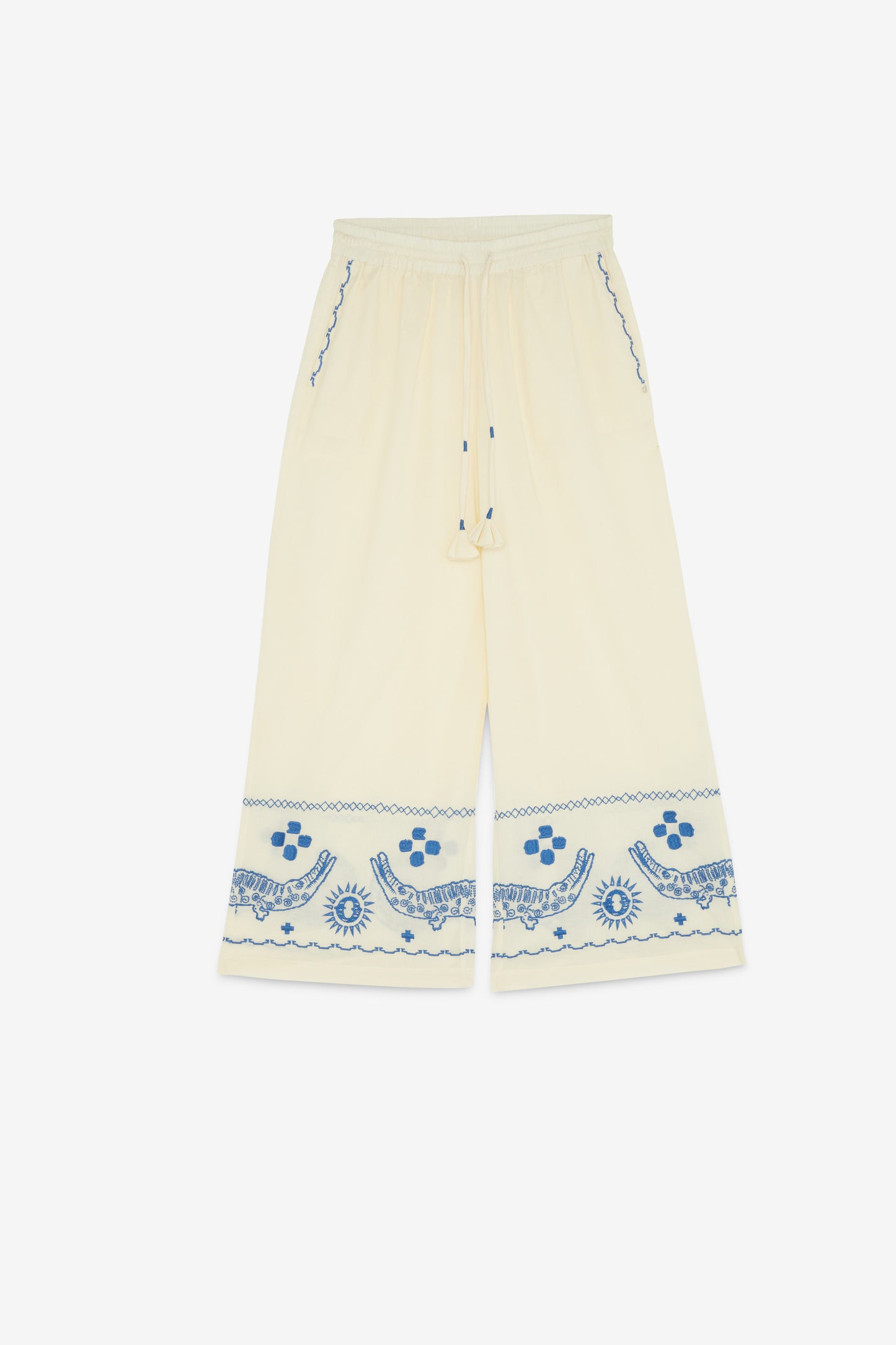 100% cotton wide trousers with embroidery and drawstring