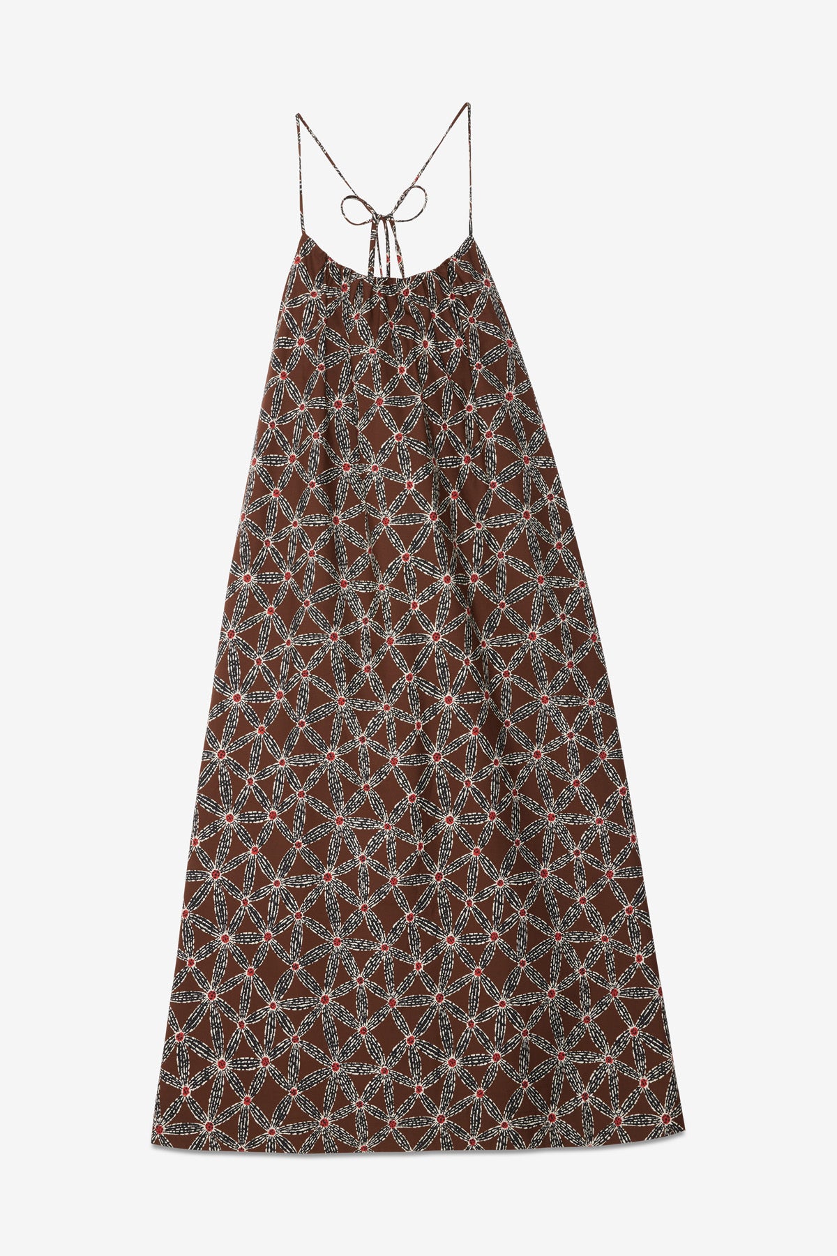 Cotton long dress with"micro sea orchid"print,and thin straps to tie at the back