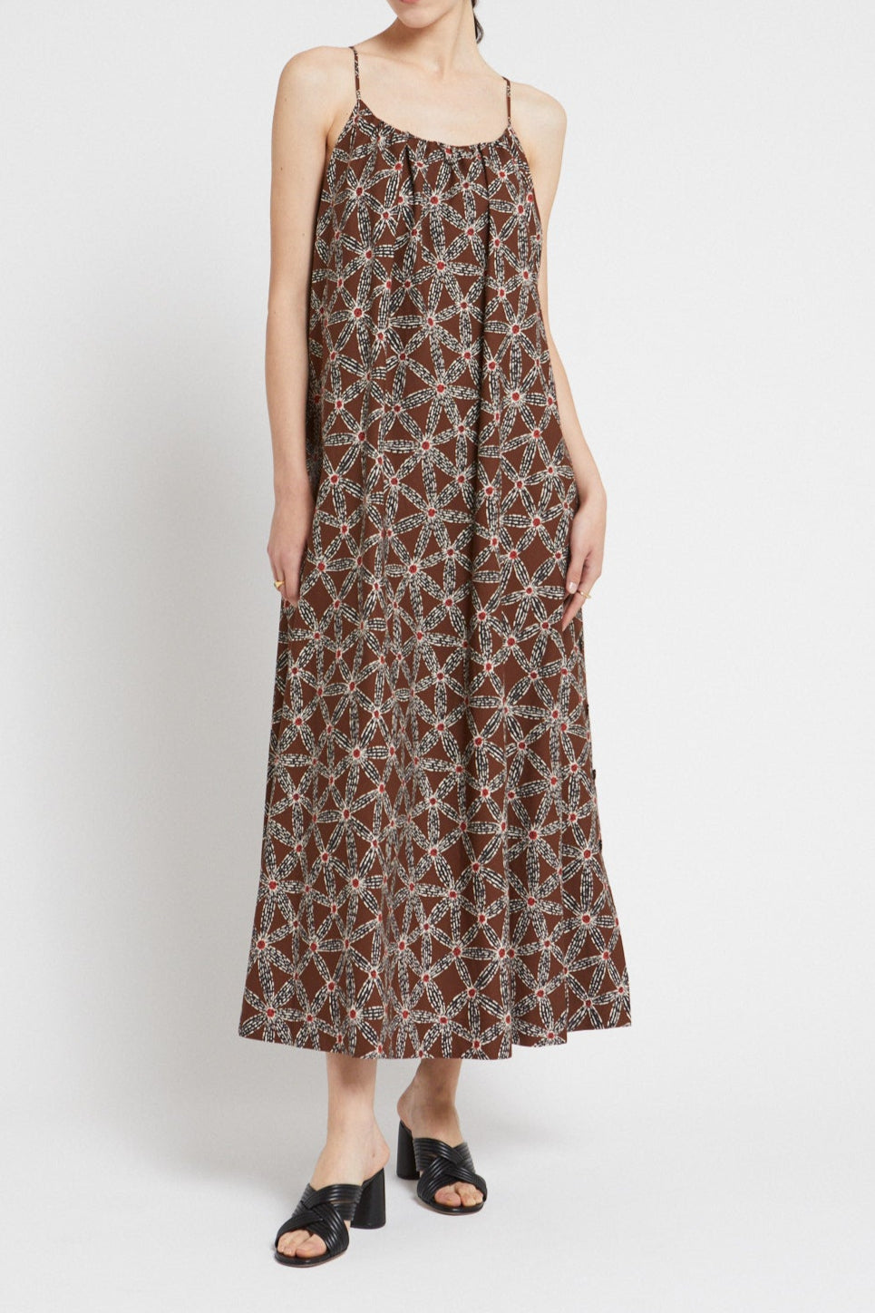 Cotton long dress with"micro sea orchid"print,and thin straps to tie at the back