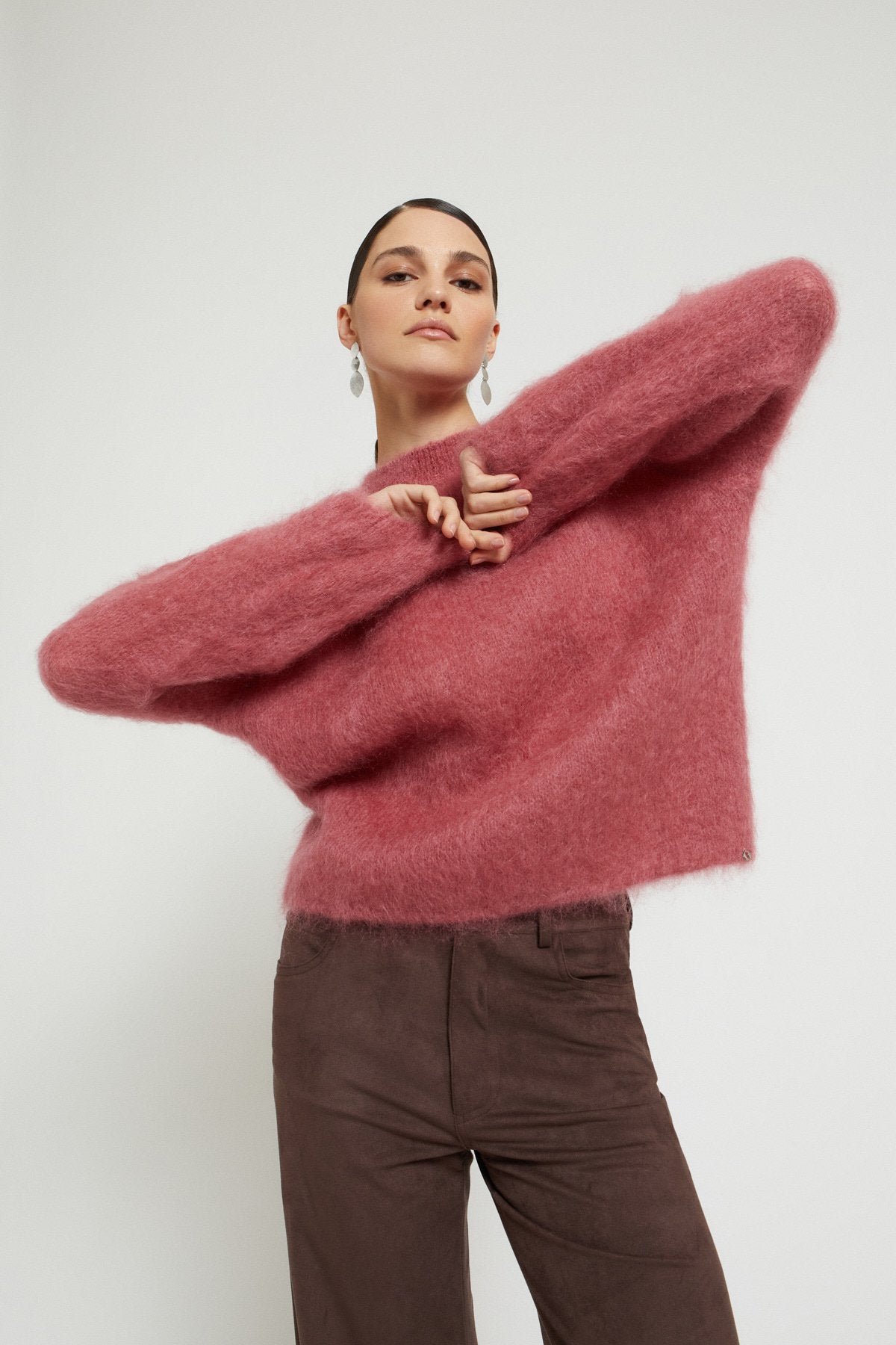 Fluffy mohair wool sweater with round neckline
