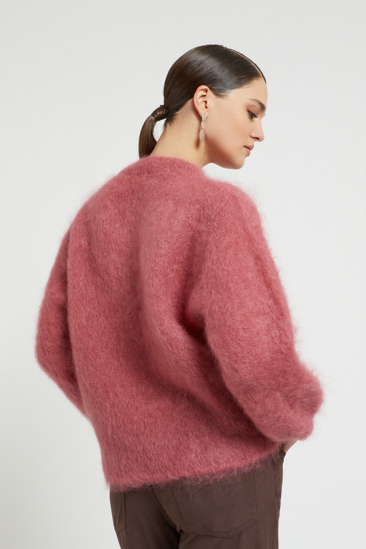 Fluffy mohair wool sweater with round neckline