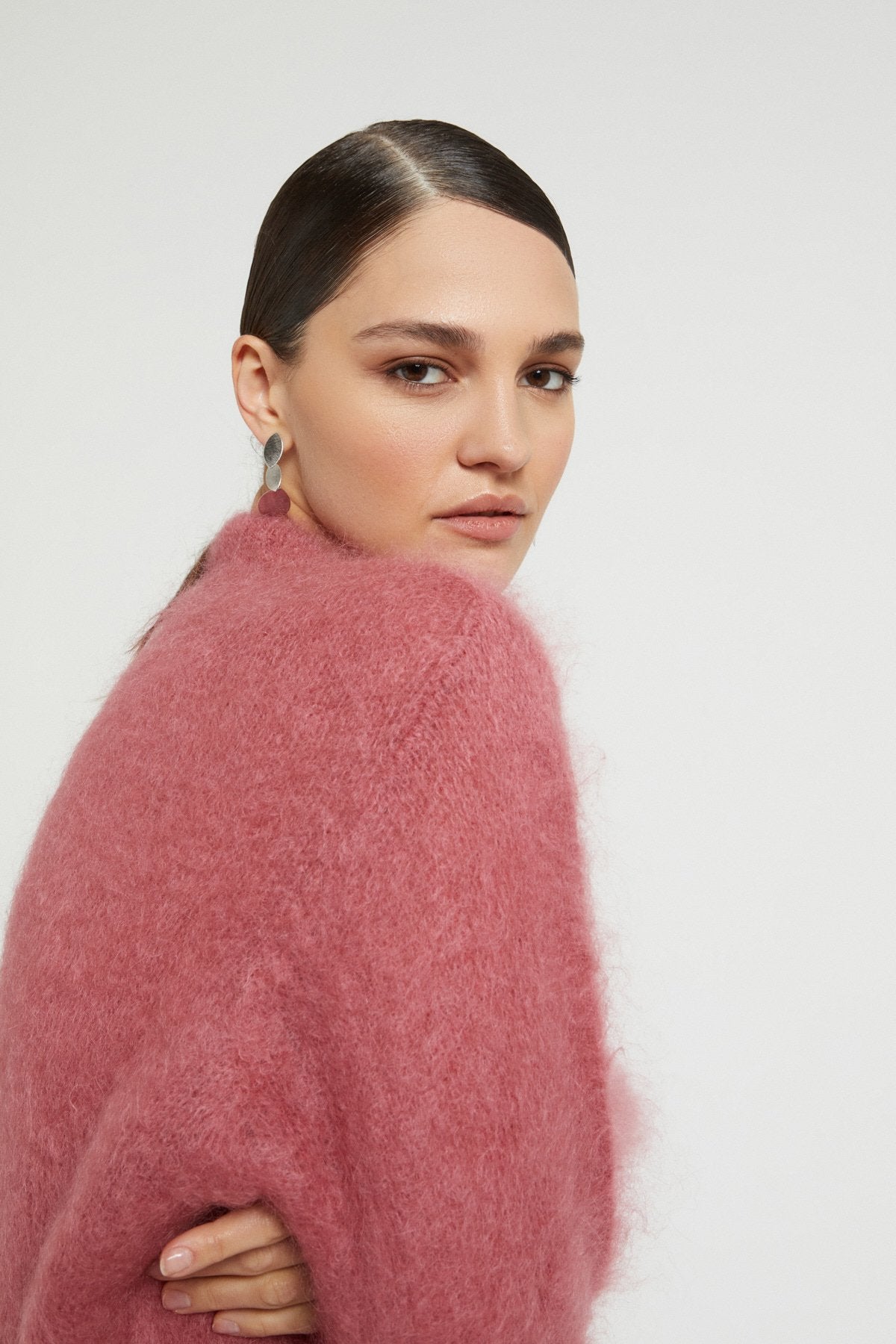 Fluffy mohair wool sweater with round neckline