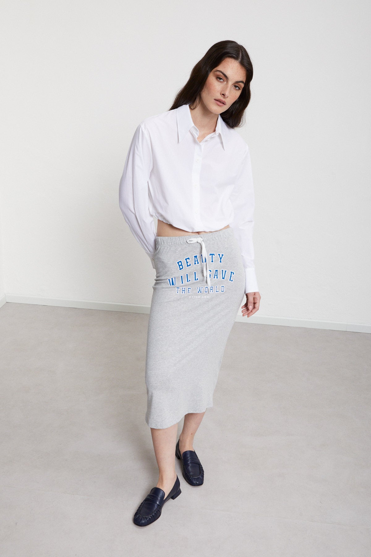 Cotton midi skirt with print and drawstring