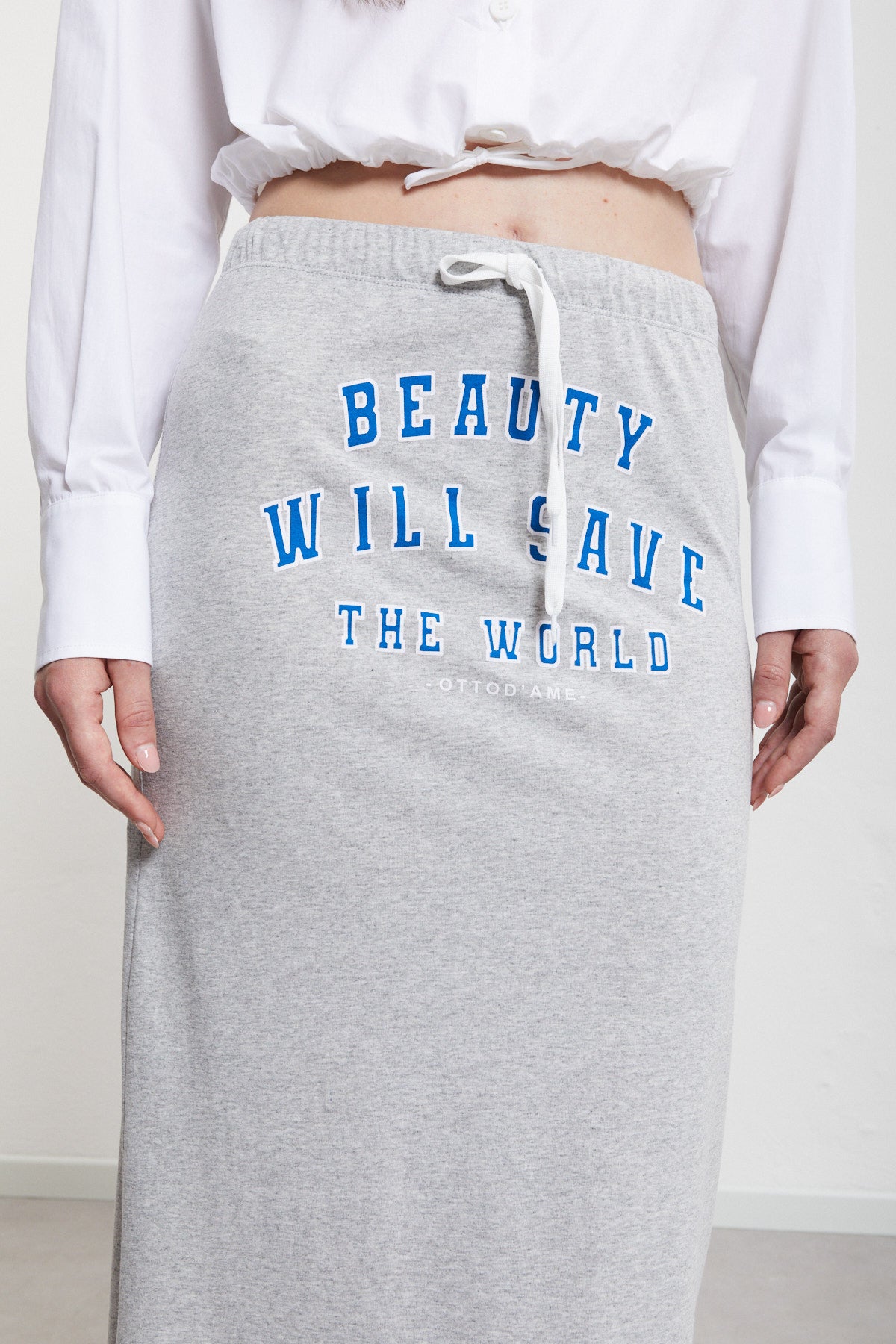 Cotton midi skirt with print and drawstring
