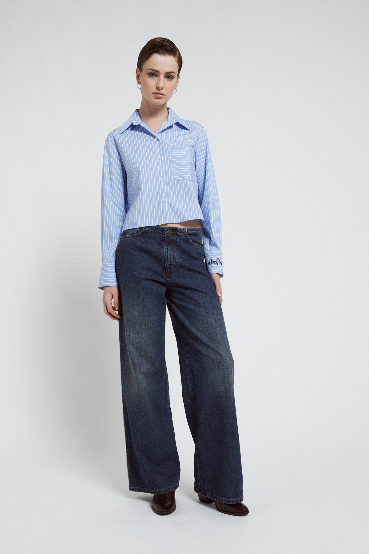 Cropped pinstriped shirt in pure cotton