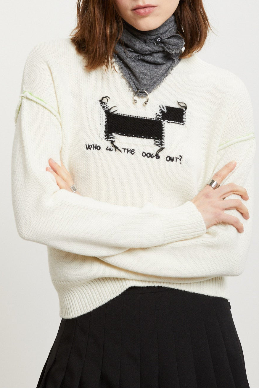 Wool blend sweater with raw edges,intarsia,and embroidery