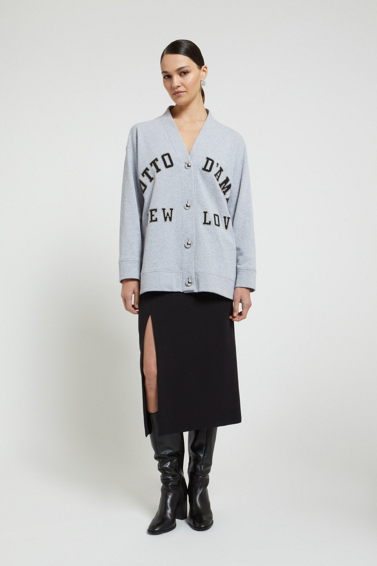 Oversized cardigan in cotton sweatshirt fabric with embroidery and buttons