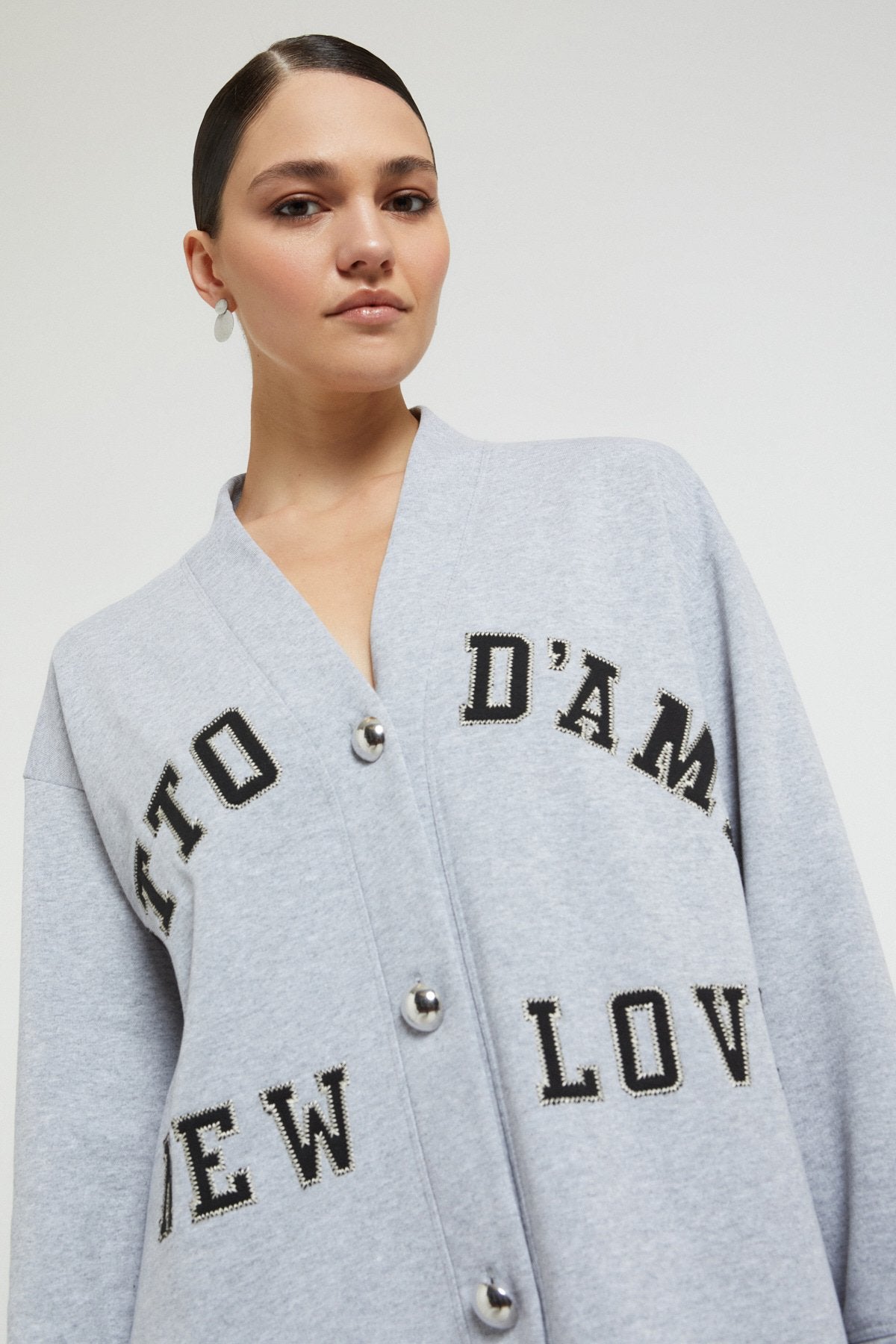 Oversized cardigan in cotton sweatshirt fabric with embroidery and buttons