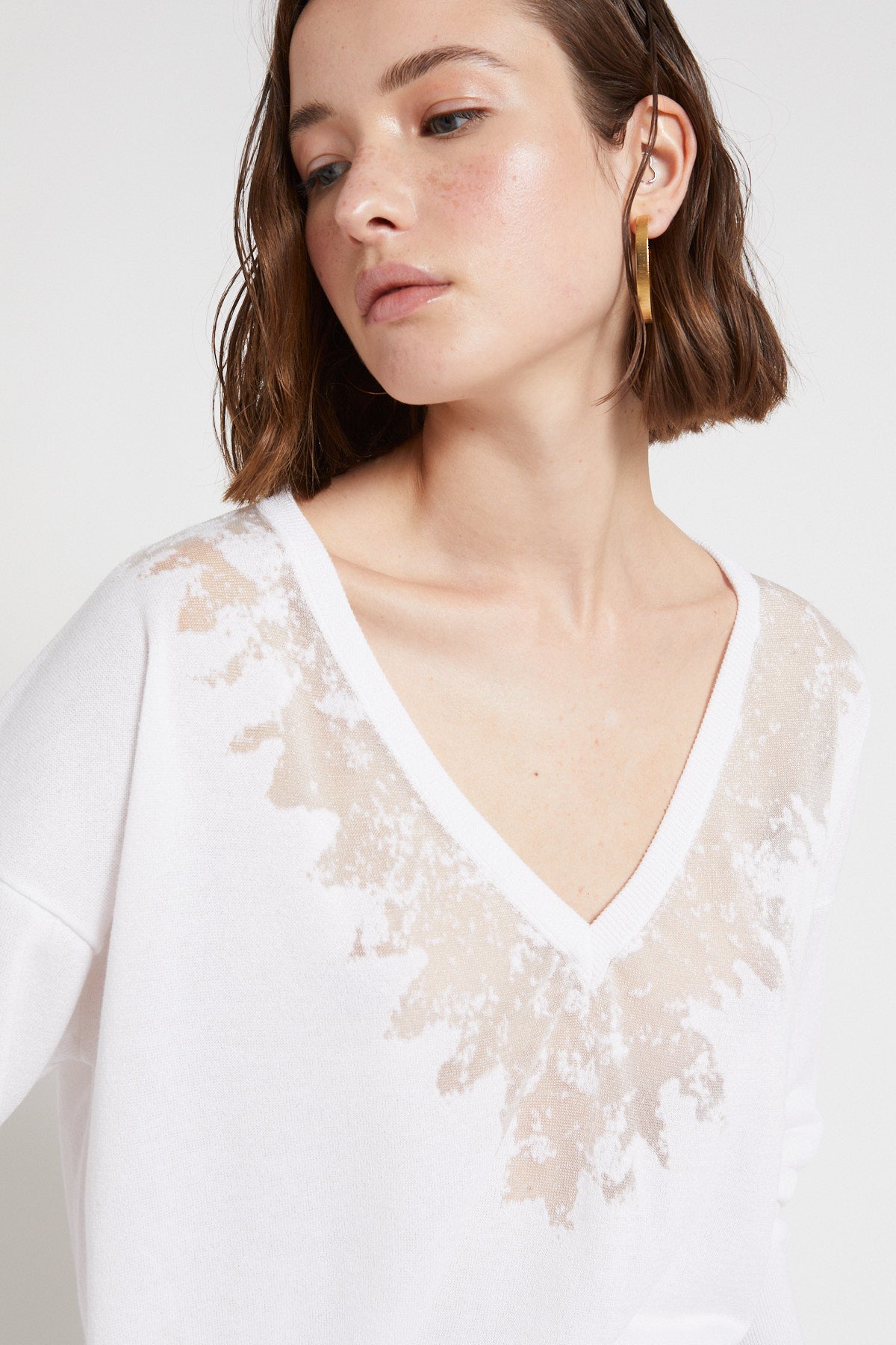 Viscose blouse with nude effects and V-neck