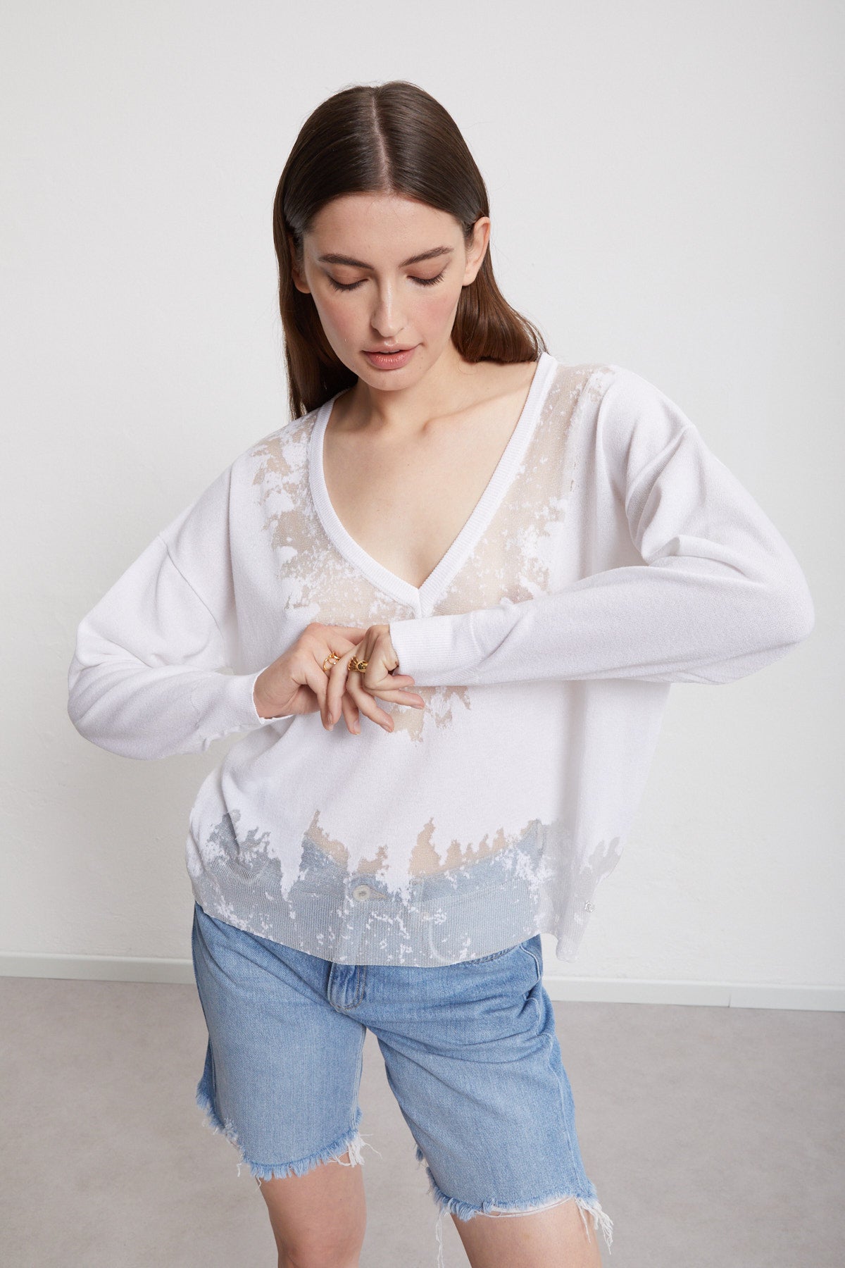 Viscose blouse with nude effects and V-neck