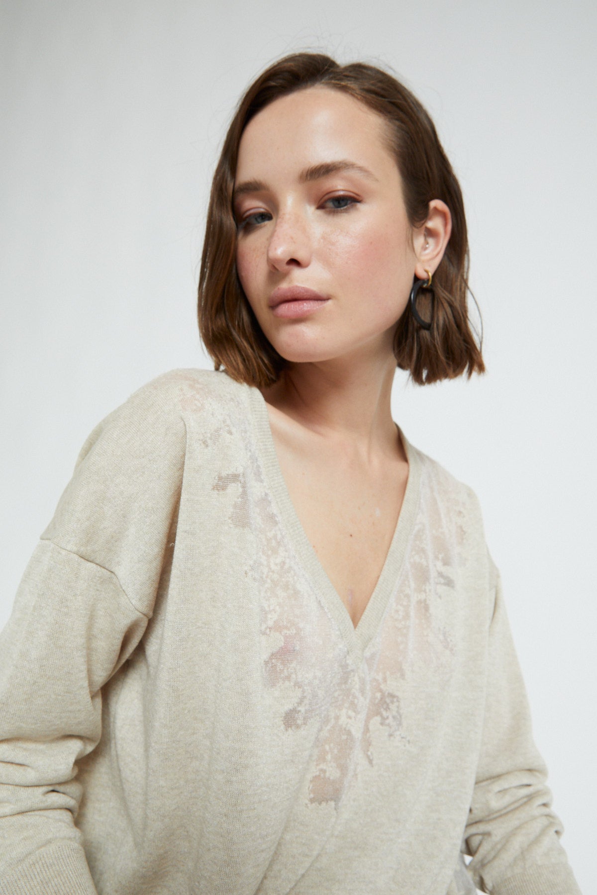 Viscose blouse with nude effects and V-neck