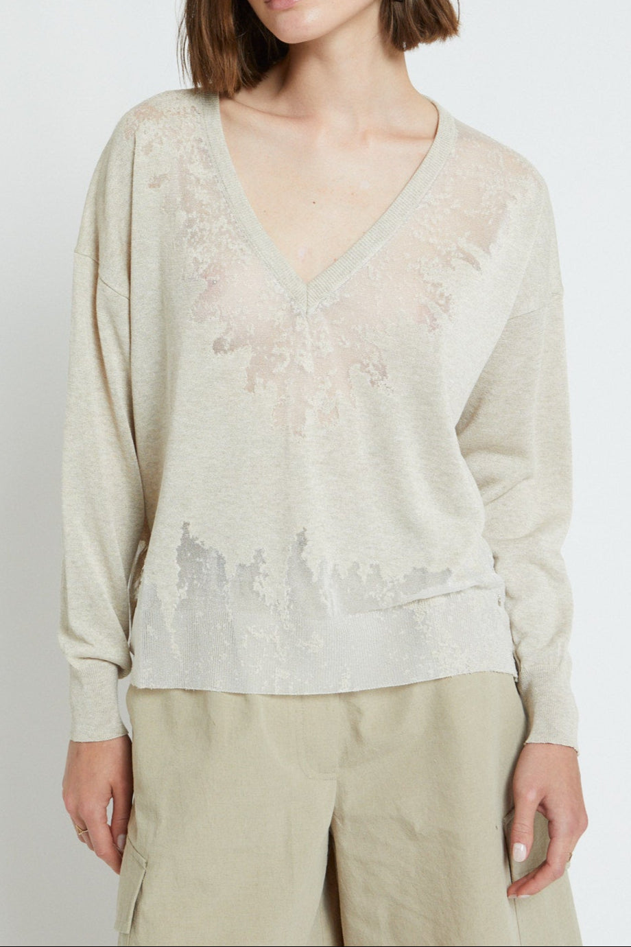 Viscose blouse with nude effects and V-neck