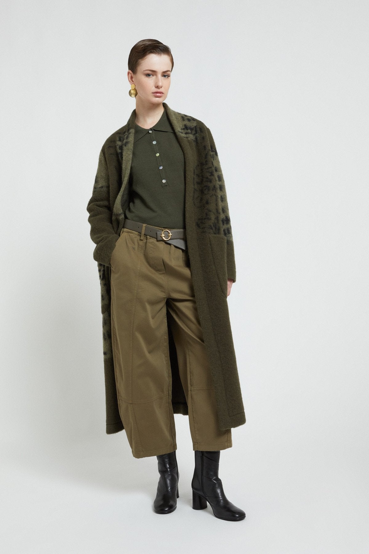 Long lined jacquard wool blend coat with patch pockets