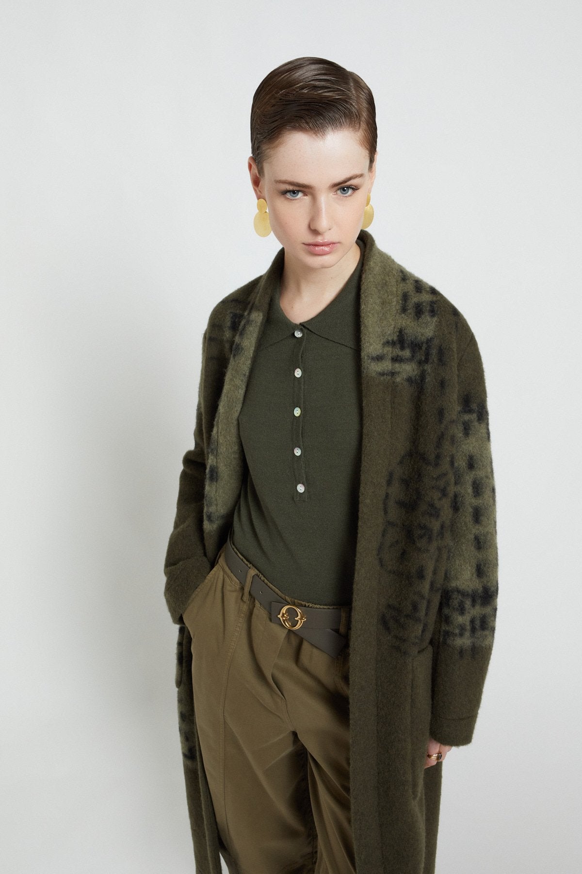 Long lined jacquard wool blend coat with patch pockets
