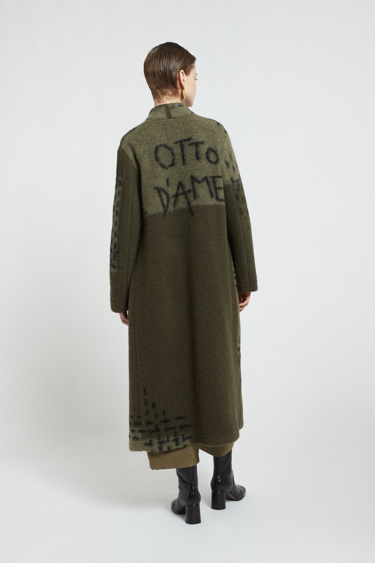 Long lined jacquard wool blend coat with patch pockets
