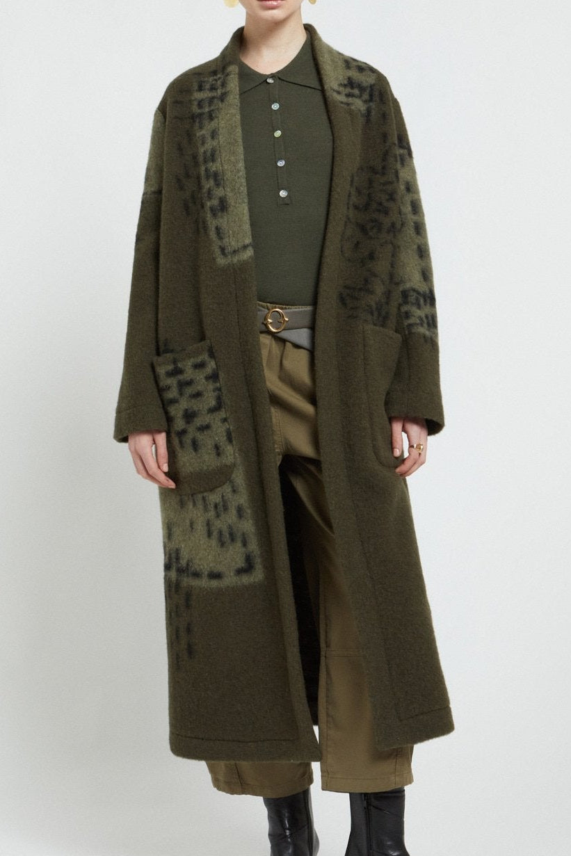 Long lined jacquard wool blend coat with patch pockets