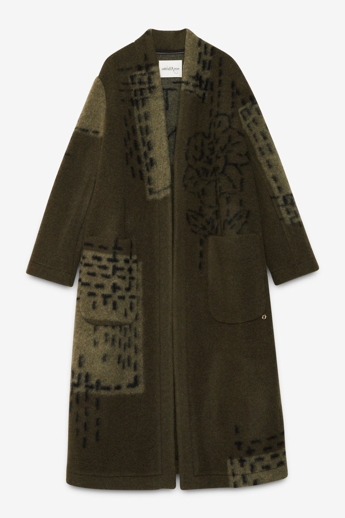 Long lined jacquard wool blend coat with patch pockets