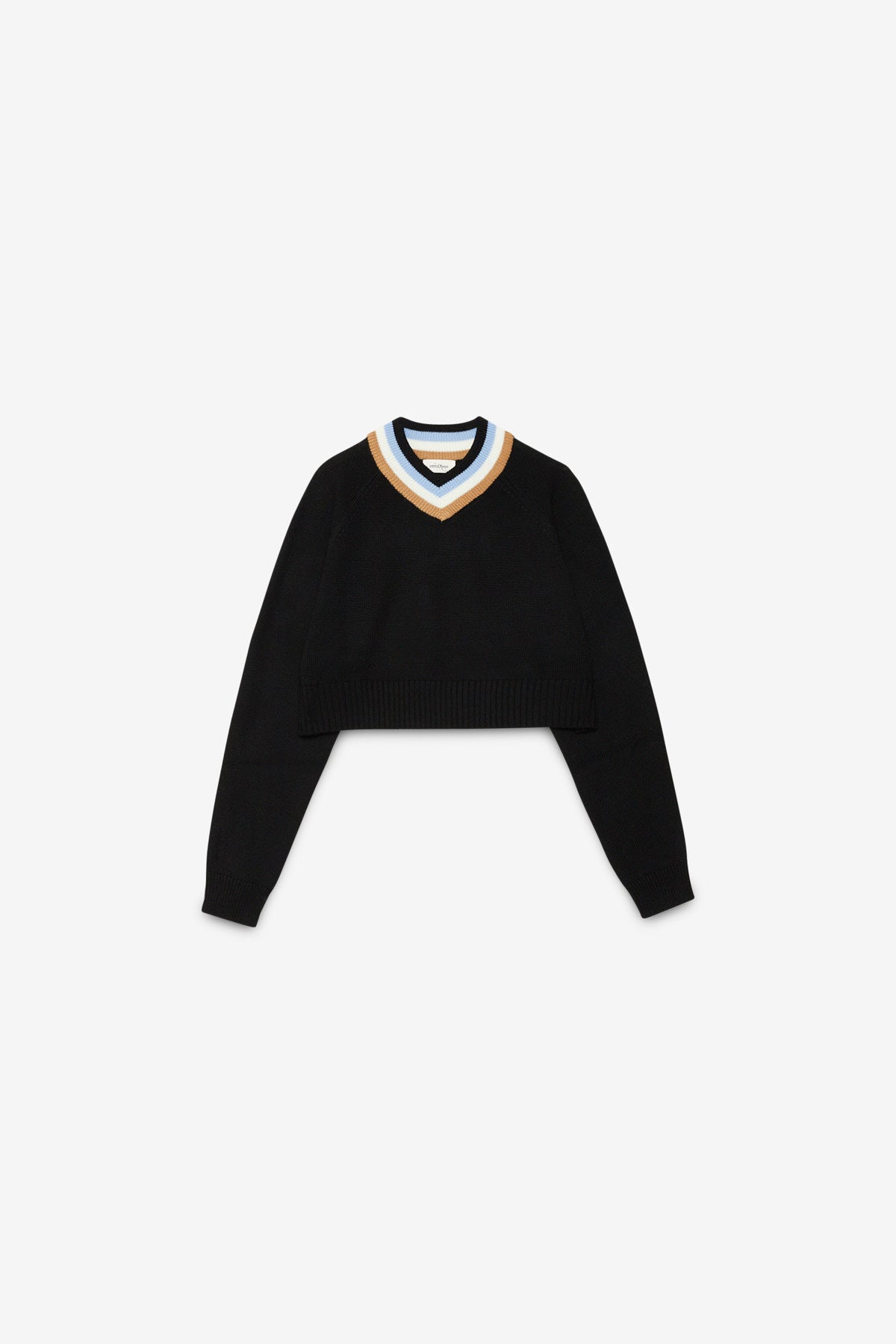 Cropped wool blend sweater with V-neckline and contrasting edges