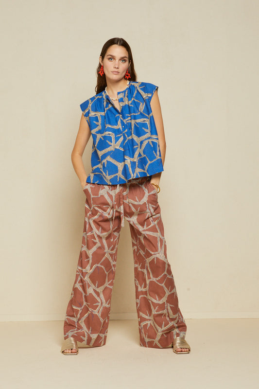 100% printed cotton palazzo trousers with drawstring and belt