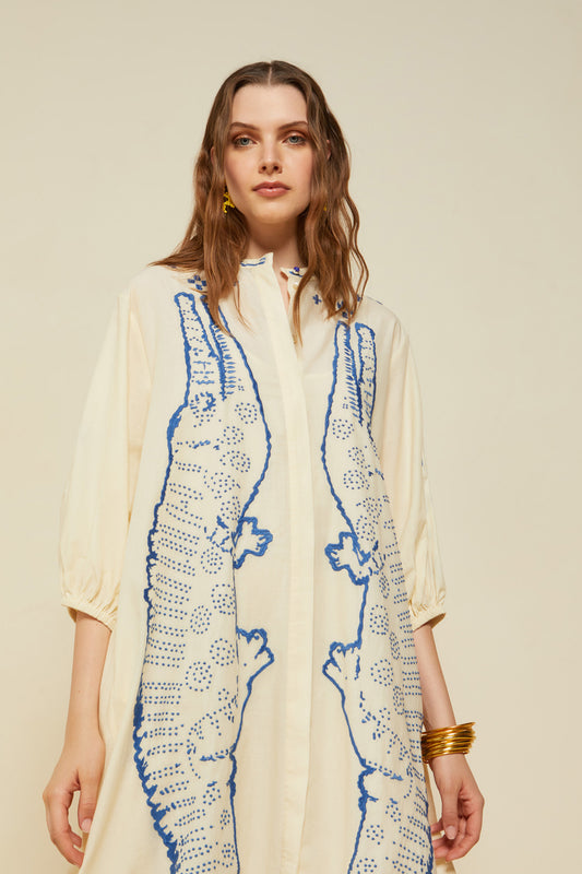 100% cotton kaftan long dress with embroidery, balloon sleeves and rounded hem Composizione: