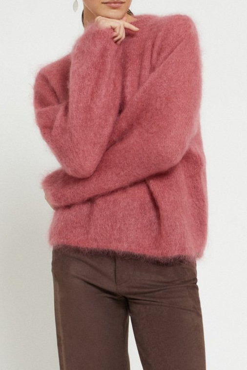 Fluffy mohair wool sweater with round neckline