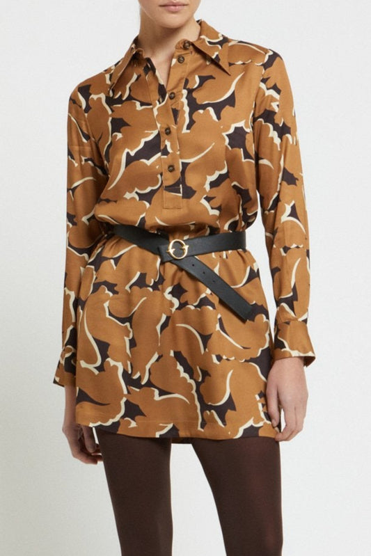 Short polo-neck dress in printed pure viscose with buttons