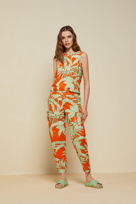 100% printed cotton ankle length trousers with elastic at the waist