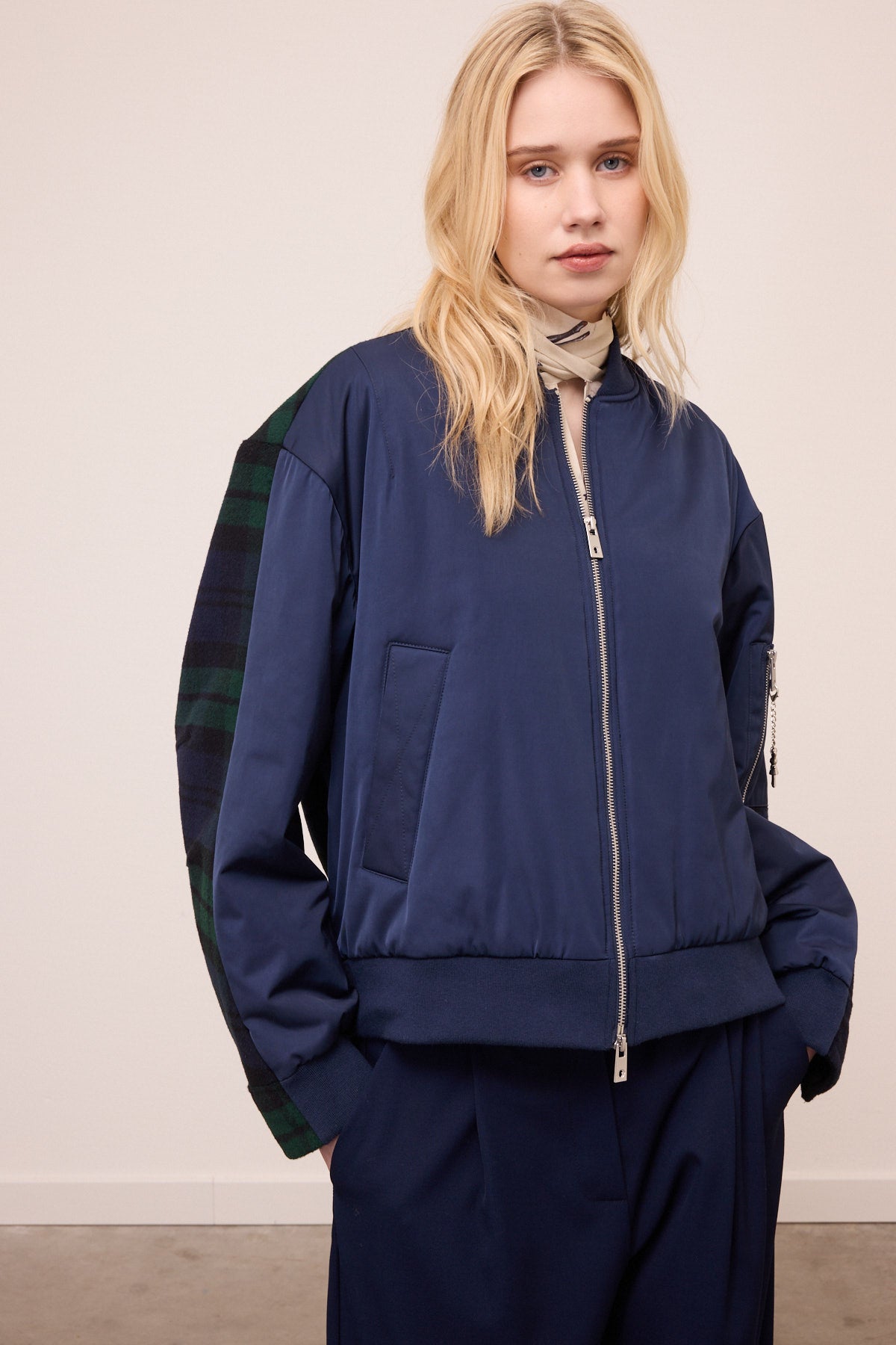panelled check bomber jacket