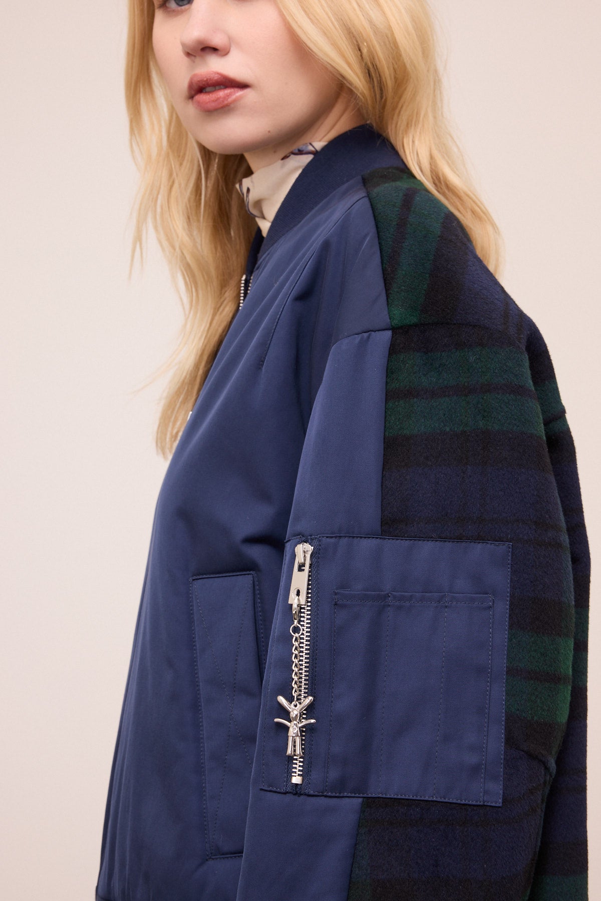 panelled check bomber jacket