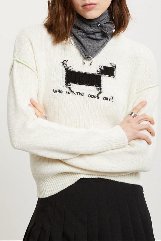 Wool blend sweater with raw edges,intarsia,and embroidery