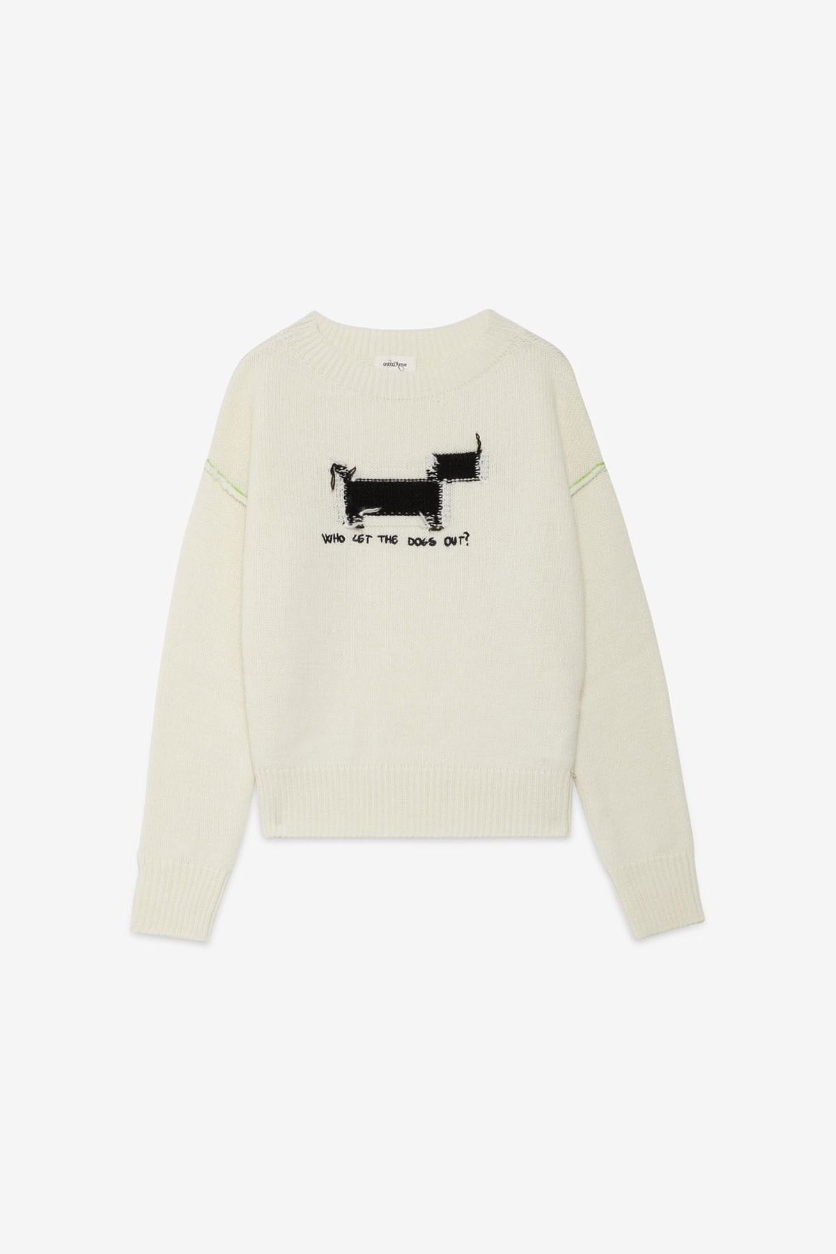 Wool blend sweater with raw edges,intarsia,and embroidery
