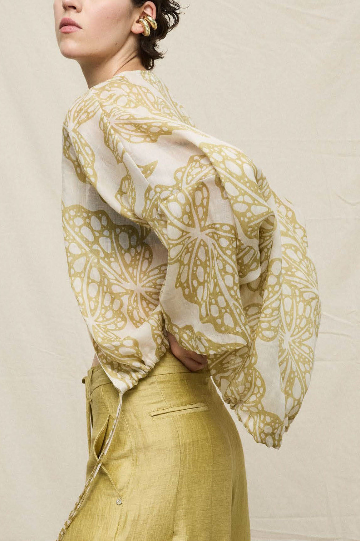 Leaf Print Cropped Wrap Blouse