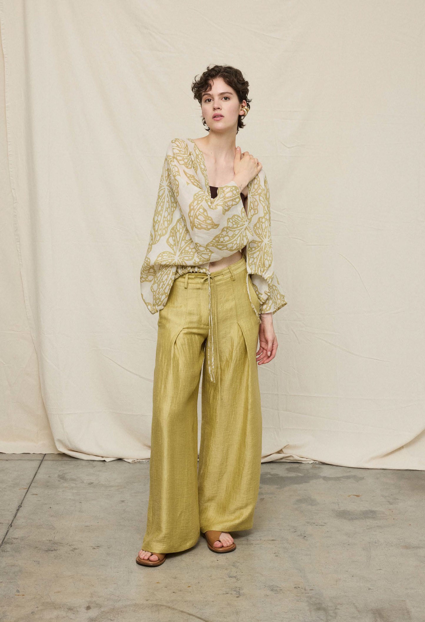 Leaf Print Cropped Wrap Blouse