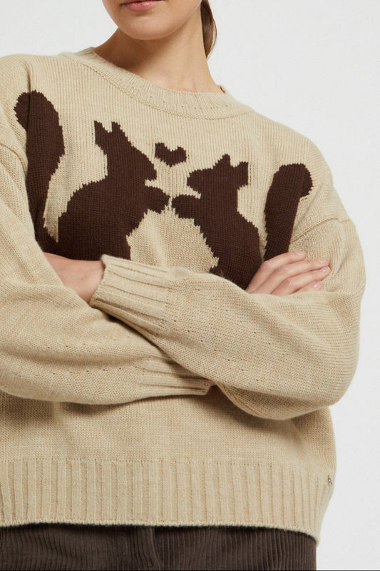 Wool blend sweater with round neckline and embroidery