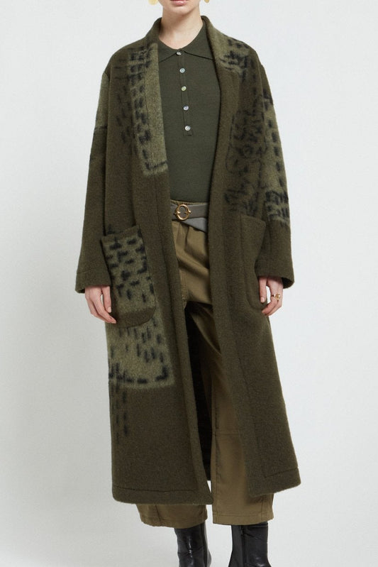 Long lined jacquard wool blend coat with patch pockets