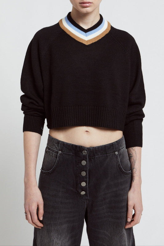 Cropped wool blend sweater with V-neckline and contrasting edges